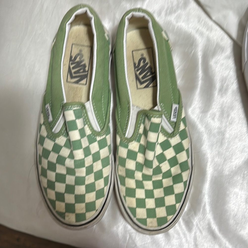 Vans Green and White Checkered Slip-On Sneakers